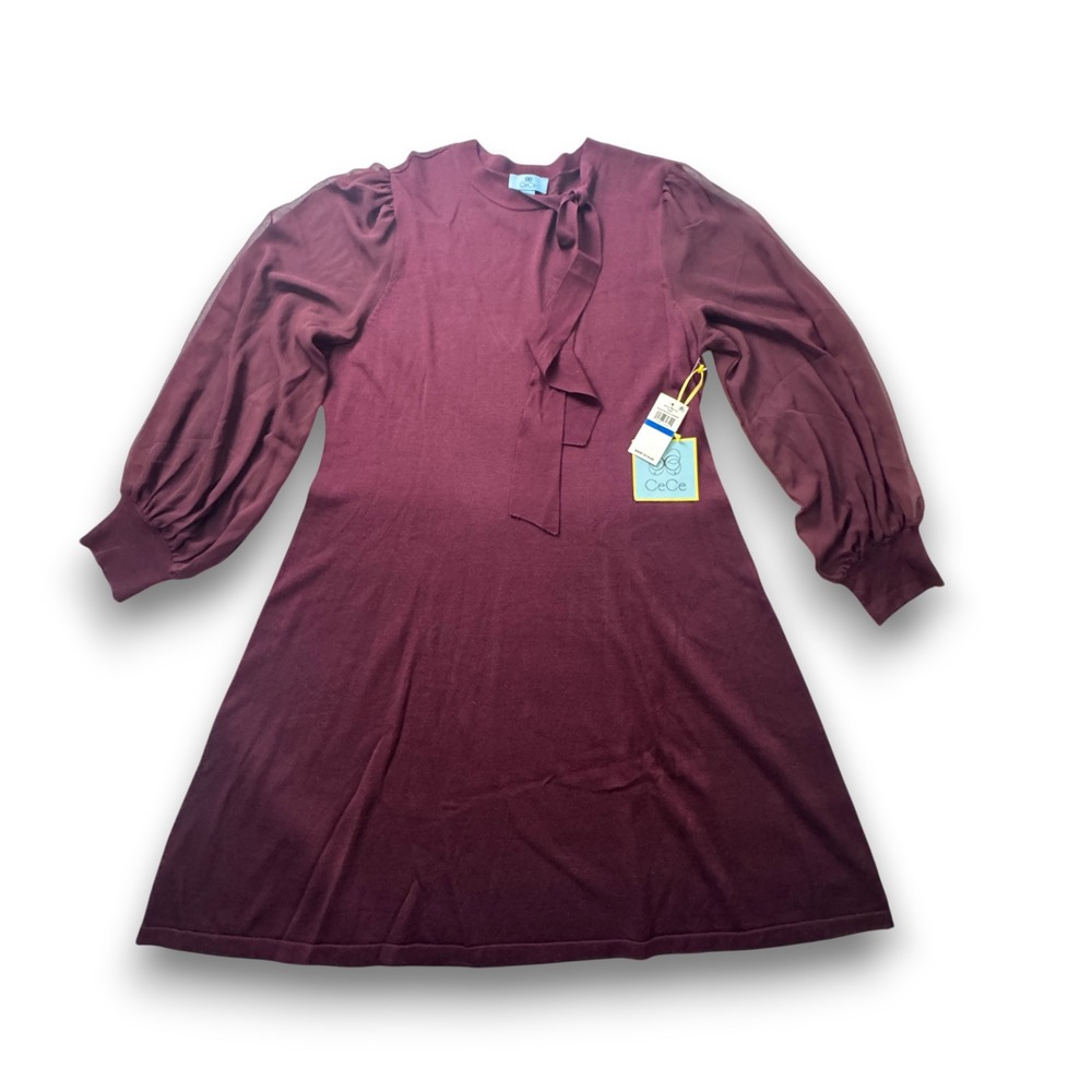 CeCe Rich Cabernet Tie Neck Sheer Balloon Sleeve Knit Dress XL 7051710 NWT